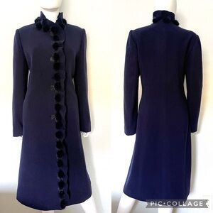NWT WOMEN LONG COAT RUFFLE-TRIMMED WITH REAL RACCOON FUR‎ LINED NAVY INSULATED